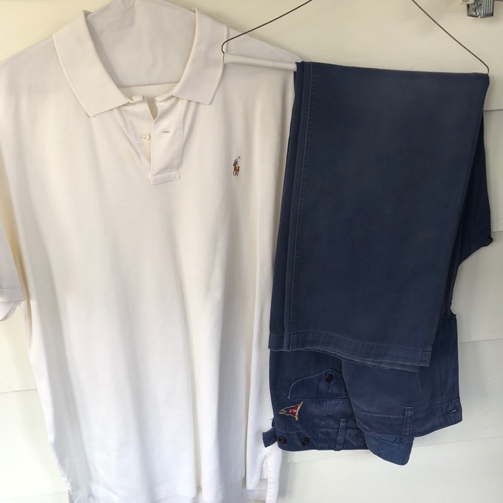 Casual Day Outfit - White Polo, Blue Slacks